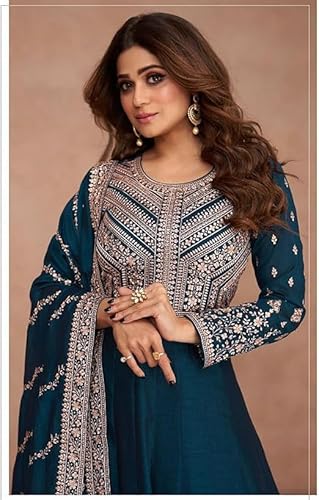 Omkar Textile's Anarkali Gown with Dupatta Set for Women, Chinon Fabric || Ethnic Gown (in, Alpha, XL, Regular, Teal Blue (Rama))