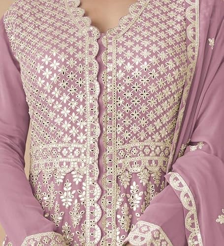 RUDRAPRAYAG Georgette Embroidery Flared Floor Length Anarkali Ethnic Gowns for Women (Semi Stitched) Lavender, Free Size