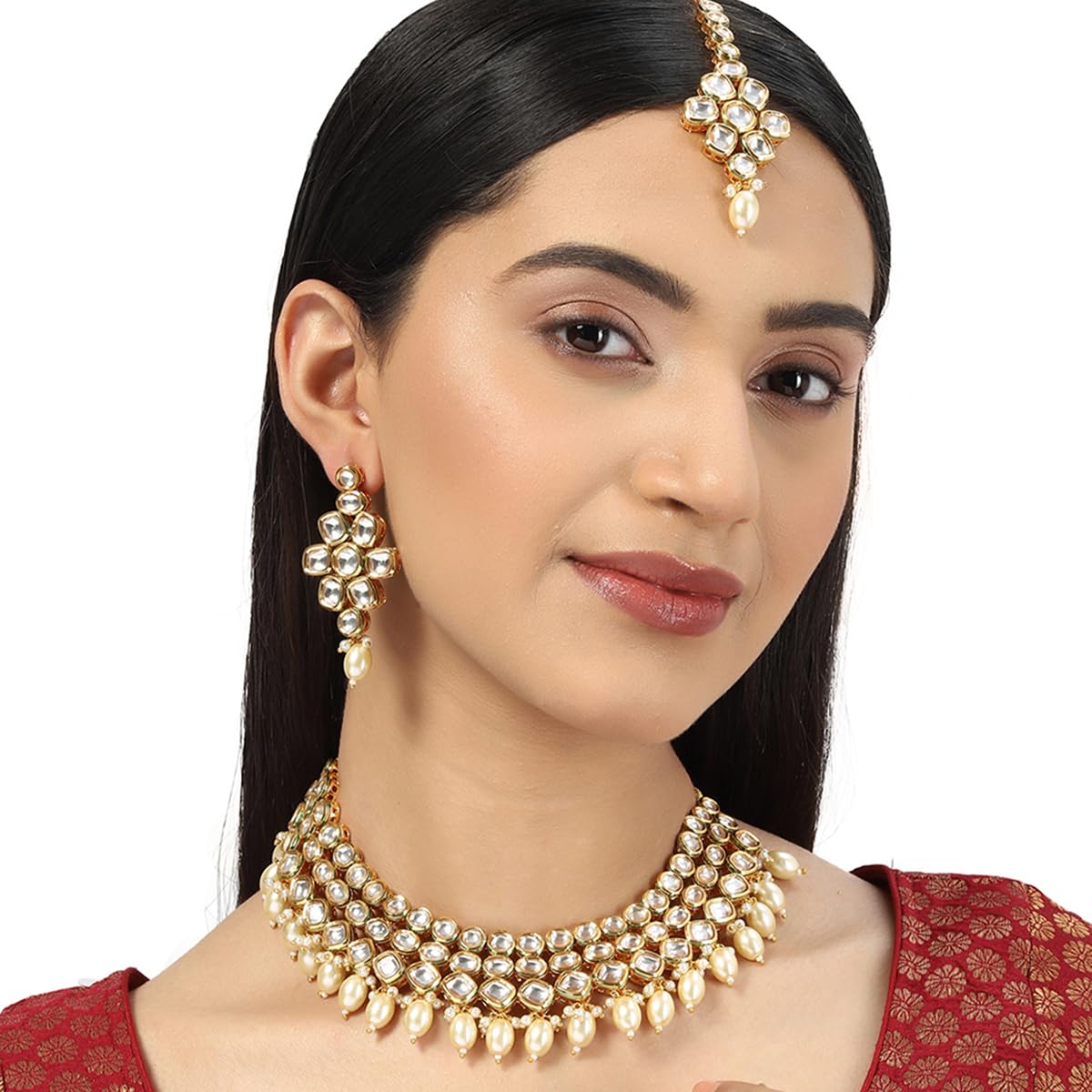 VOYLLA Kundan Gold plated Brass Necklace set