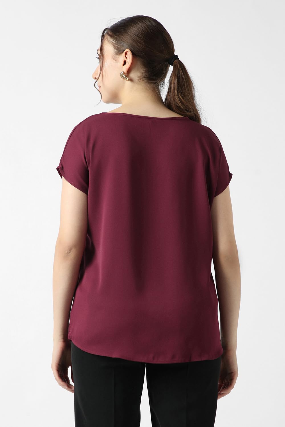 Women Maroon Solid Formal V Neck Top