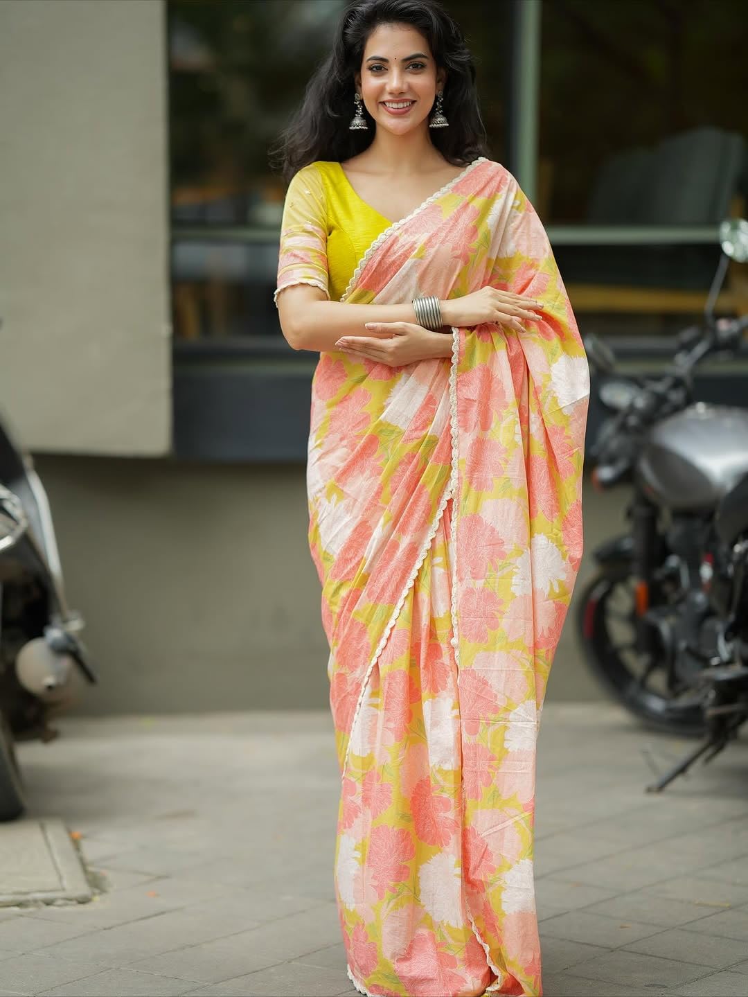 MARGI DESIGNERS Womens New Latest Bollywood Style Linen Cotton Floral Printed Fancy Lace Border Peach Saree with Blouse | Saree For Womens