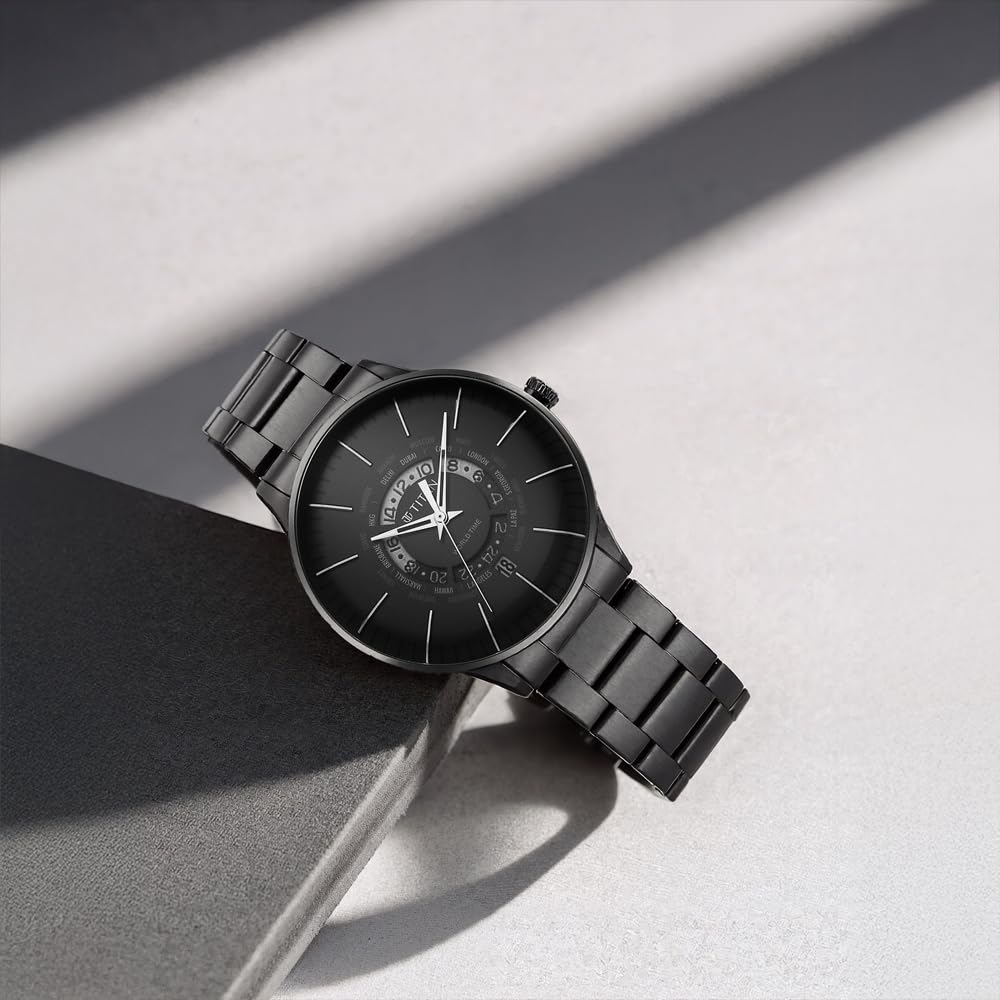 Titan Quartz World Time with Date Black Dial Black Stainless Steel Strap Watch for Men - NT90145NM01