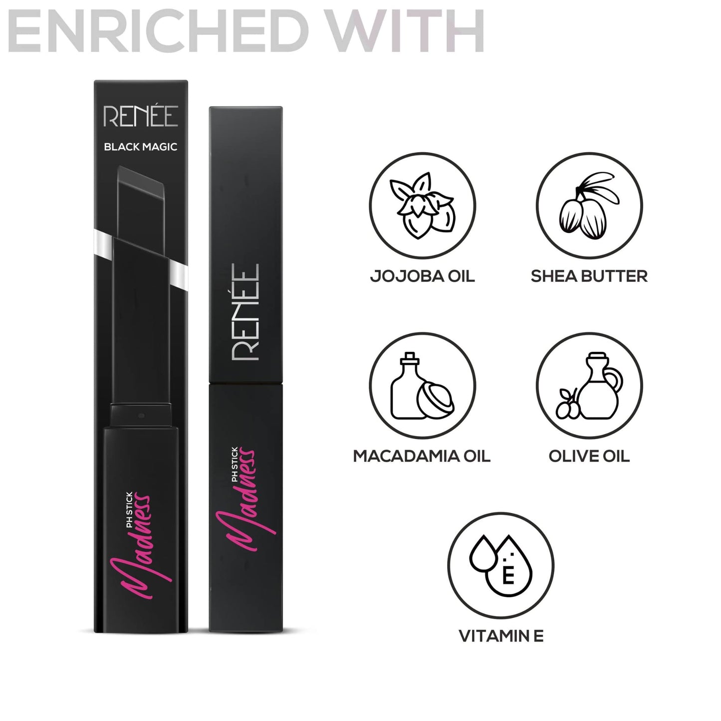 RENEE Madness Ph Lipstick | Black Lipstick With Glossy Pink Payoff| Long Lasting Nourishment, Enriched With Vitamin E & Jojoba Oil| Vegan & Paraben Free | 3gm