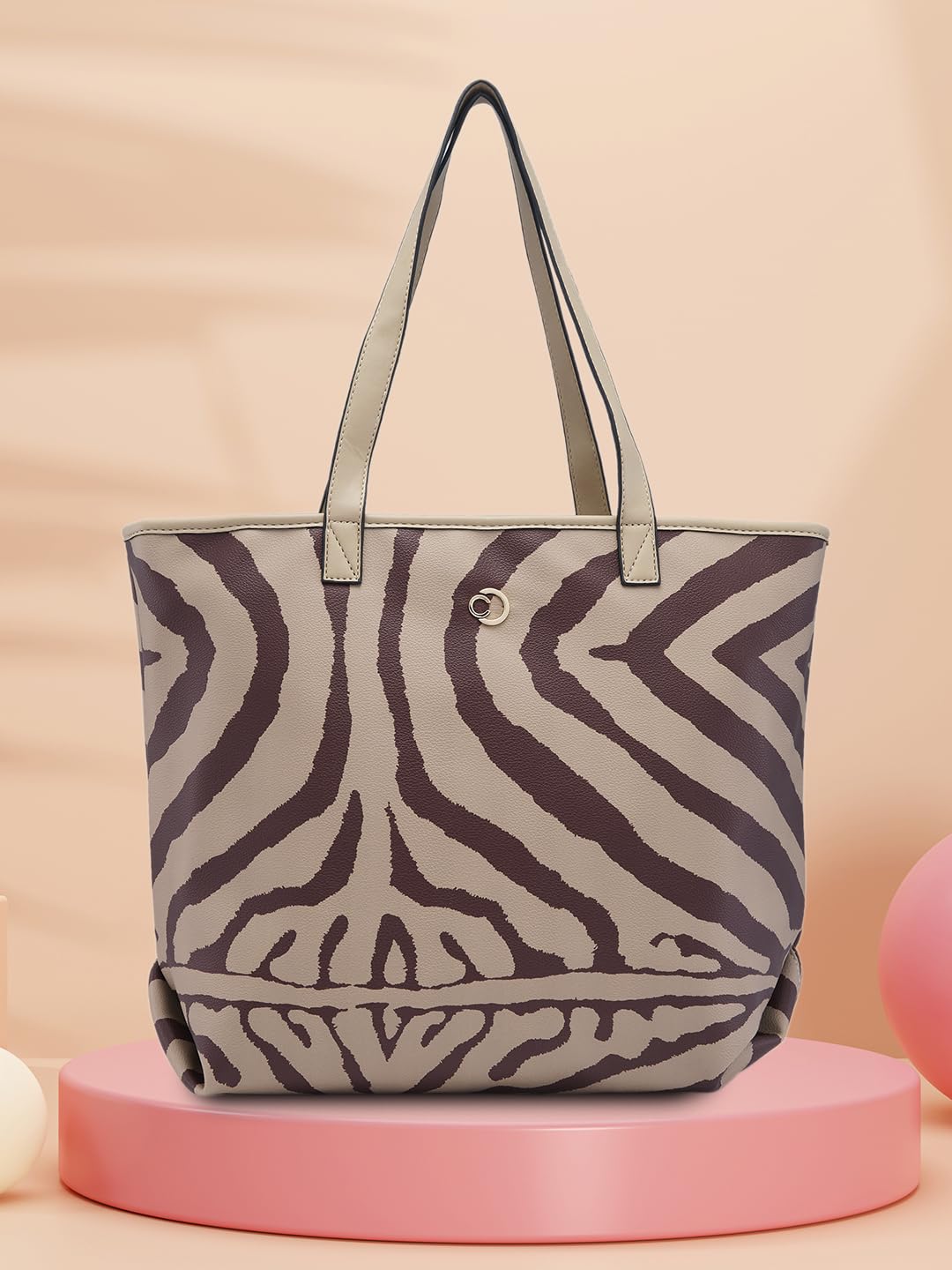 Caprese Zuzu Tote Large Beige – Elegant Shoulder Bag with Abstract Print, Spacious Office Tote, Quick Access Back Zip for Women, Stylish and Functional Design