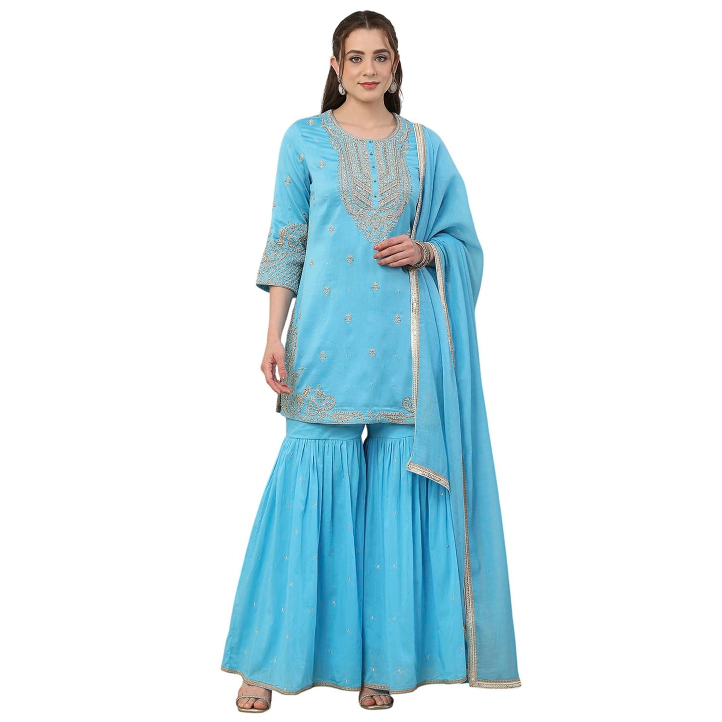 Biba Women Turquoise Silk Chanderi Straight Suit Set_36
