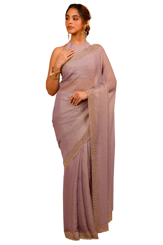 Soch Womens Light Lavender Georgette Floral Print Saree With Stone Work