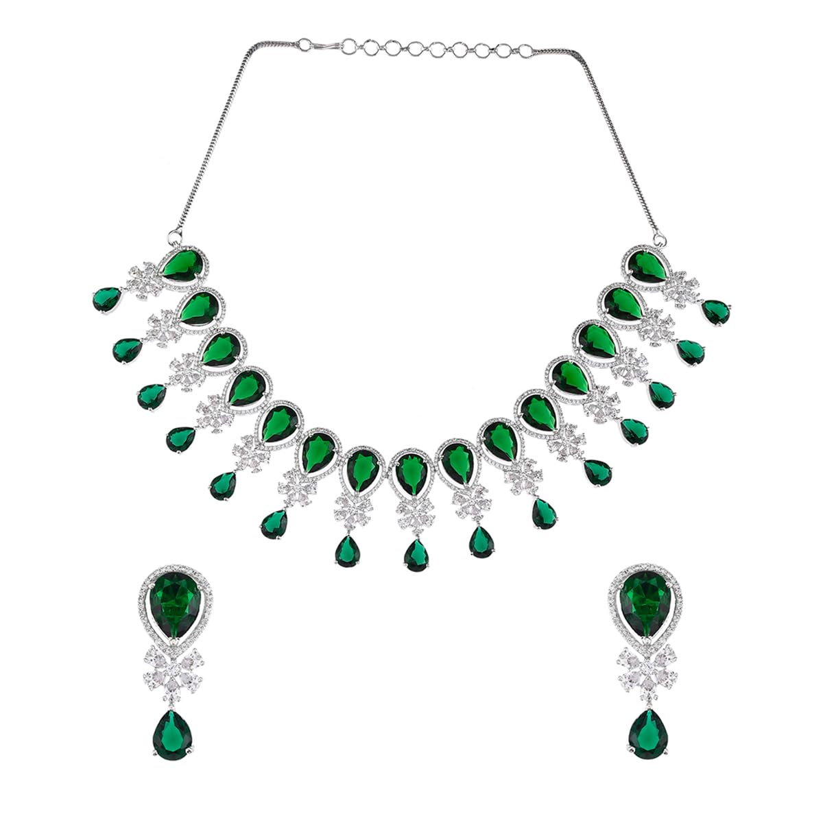 VOYLLA Cz Elegance Green Teardrop Zircons Jewellery Set For Women|Womens Jewellery Set|Gift For Women|Womens Gift|Gift For Her|