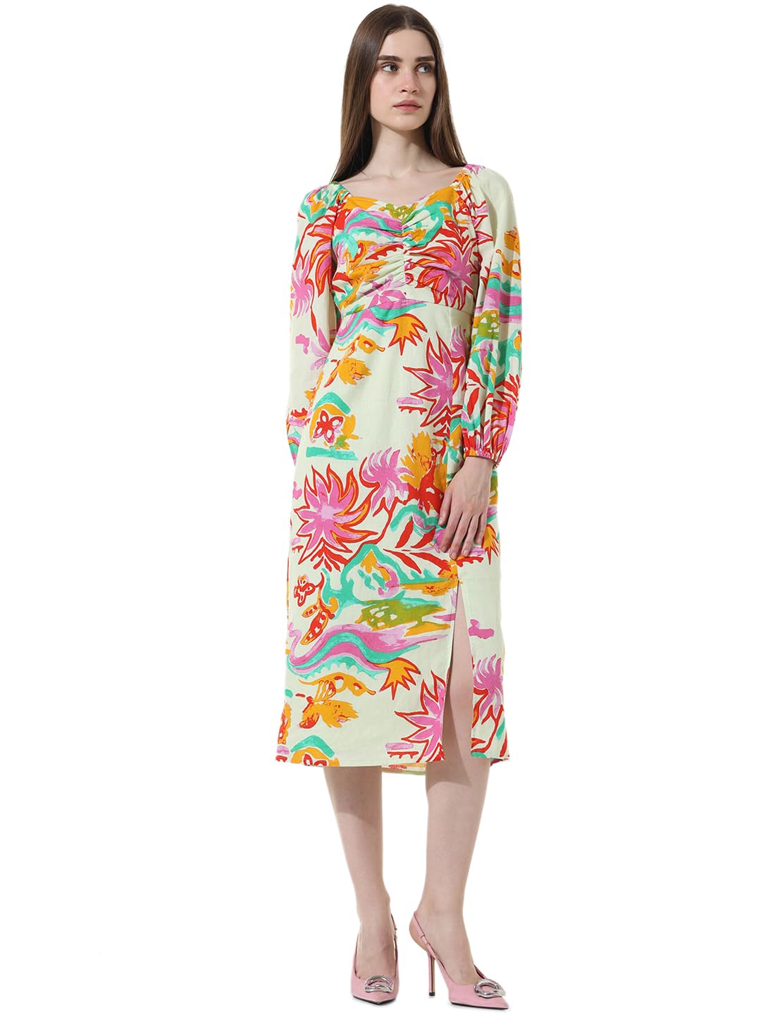 ONLY Women Printed Cotton Blend Green Midi Dress