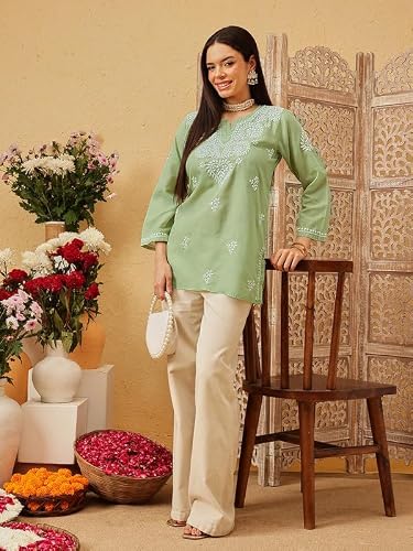 Ada Lucknowi Hand Embroidered Chikankari Cotton Short Kurta Kurti Tunic Top for Women A911551 Green (XL)