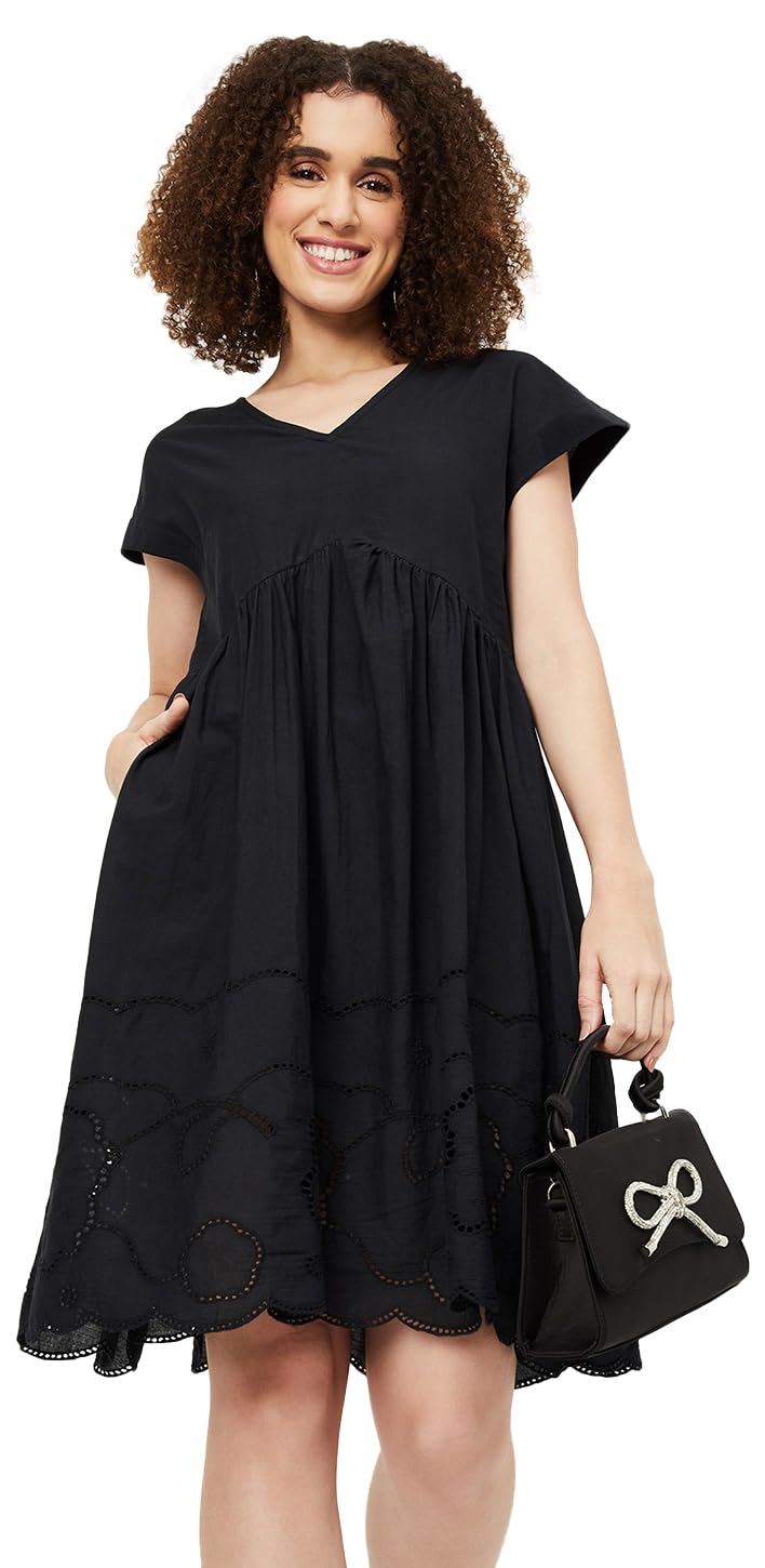 Max Women's Cotton Modern Midi Dress (MG48018_Black