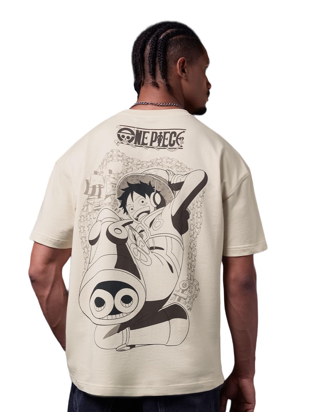 The Souled Store One Piece: Pirates Men and Boys Short Sleeves Round Neck Beige Graphic Printed Anime Casual Drop Shoulder Streetwear Lightweight Cotton Oversized T-Shirt