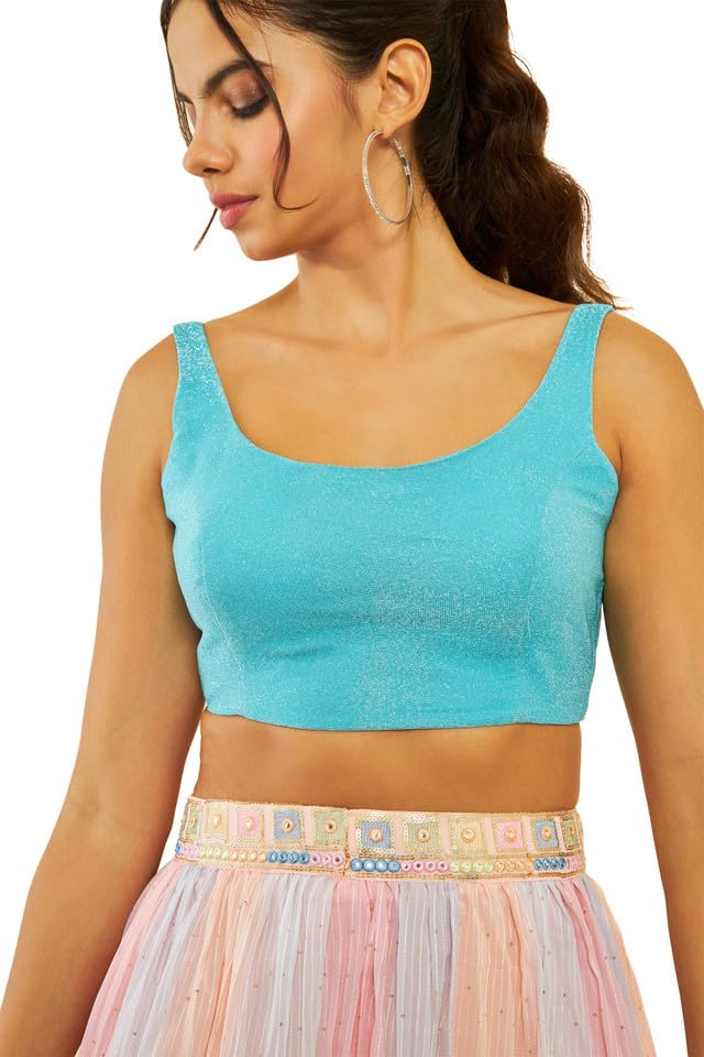 Soch Womens Turquoise Blue Shimmery Scoop-Neck Back-Open Sleeveless Blouse