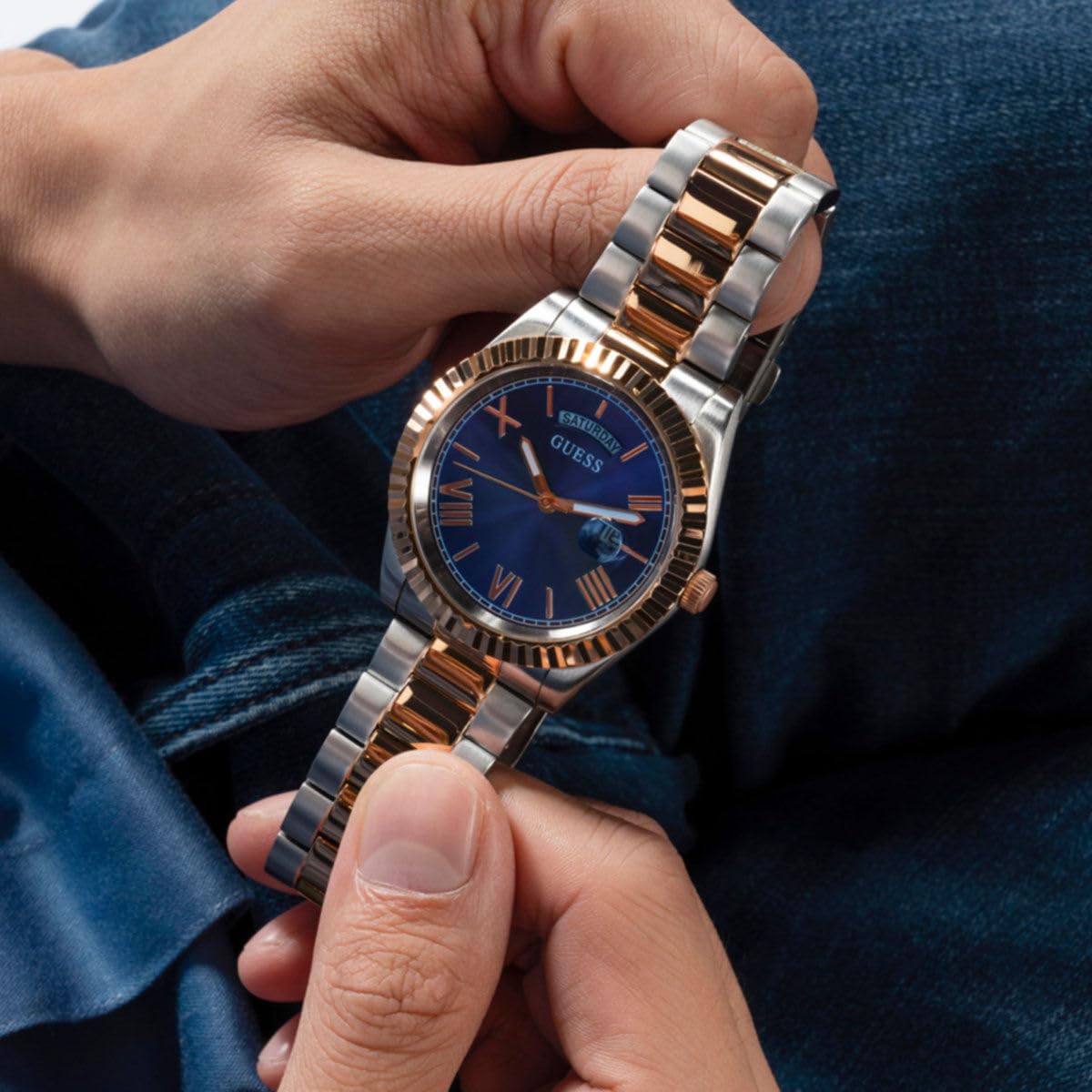 GUESS Men's Stainless Steel Analog Blue Dial Two-Tone Band Watch-Gw0265G12