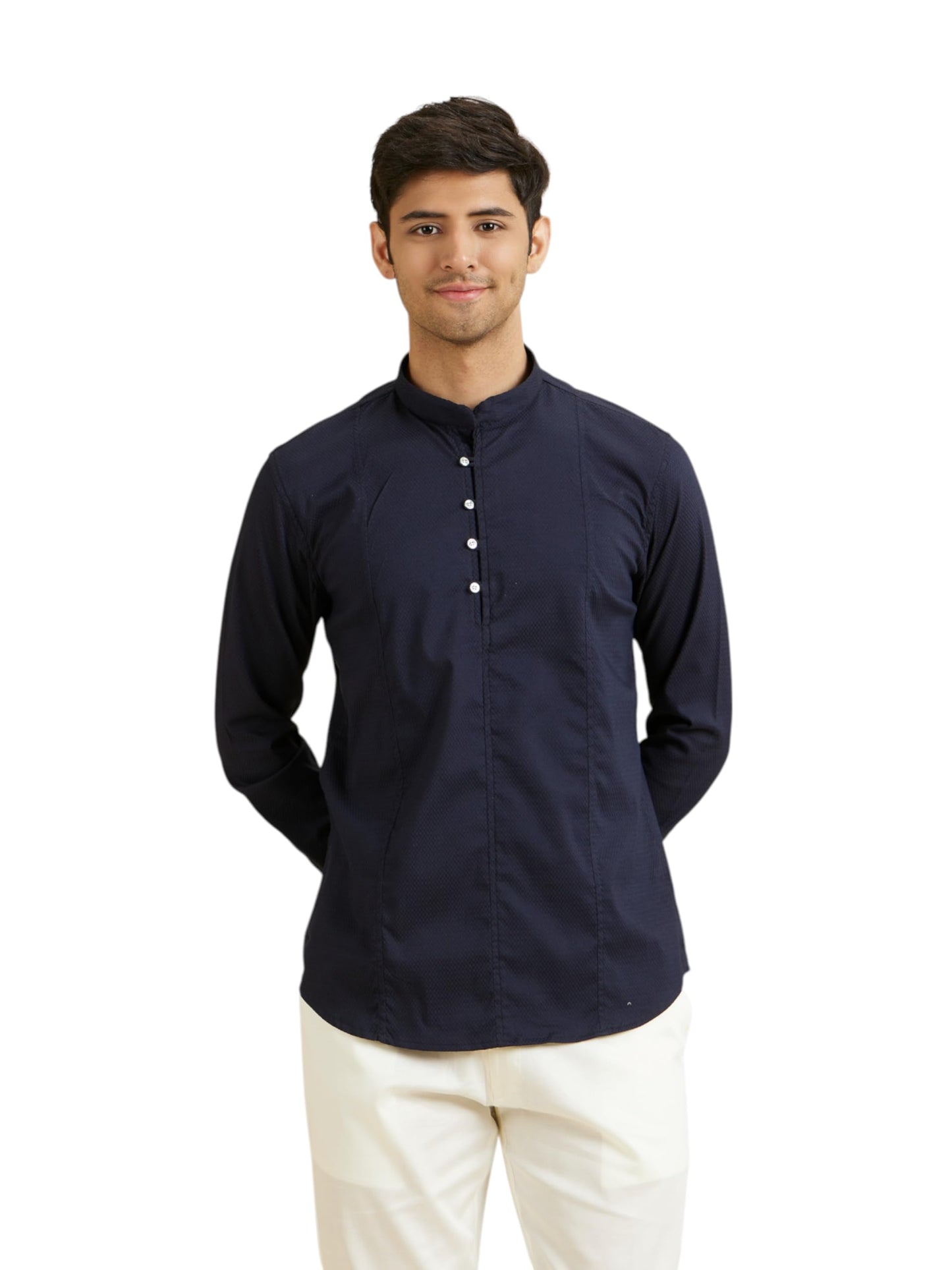 Manyavar Men's Viscose Blend Structured Short Kurta(Dark Blue,XXL)