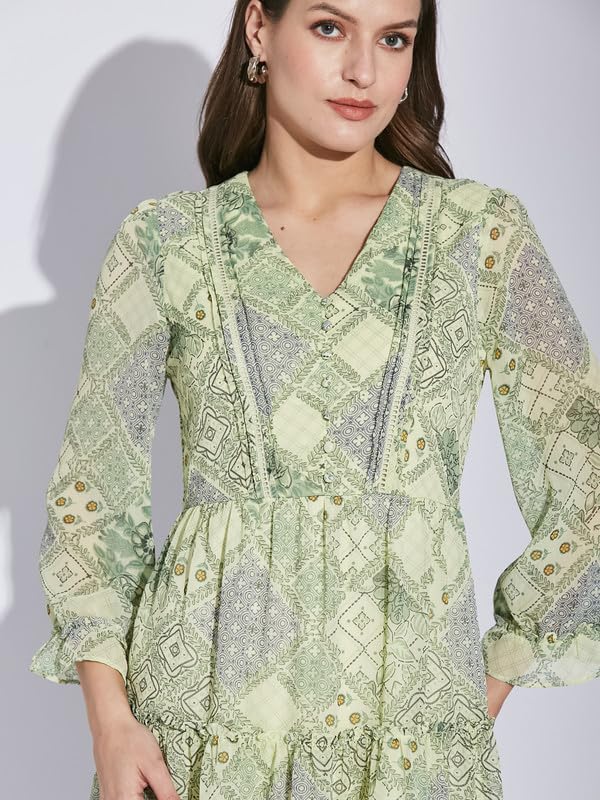 Latin Quarters Women Green V-Neck 3/4 Sleeve Printed Dress_M