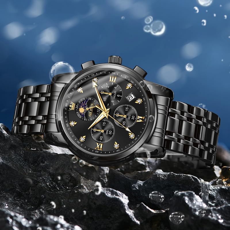 OLEVS Watch for Men Diamond Business Dress Analog Quartz Stainless Steel Waterproof Luminous Date Two Tone Luxury Casual Wrist Watch, black watches 3655, men watch