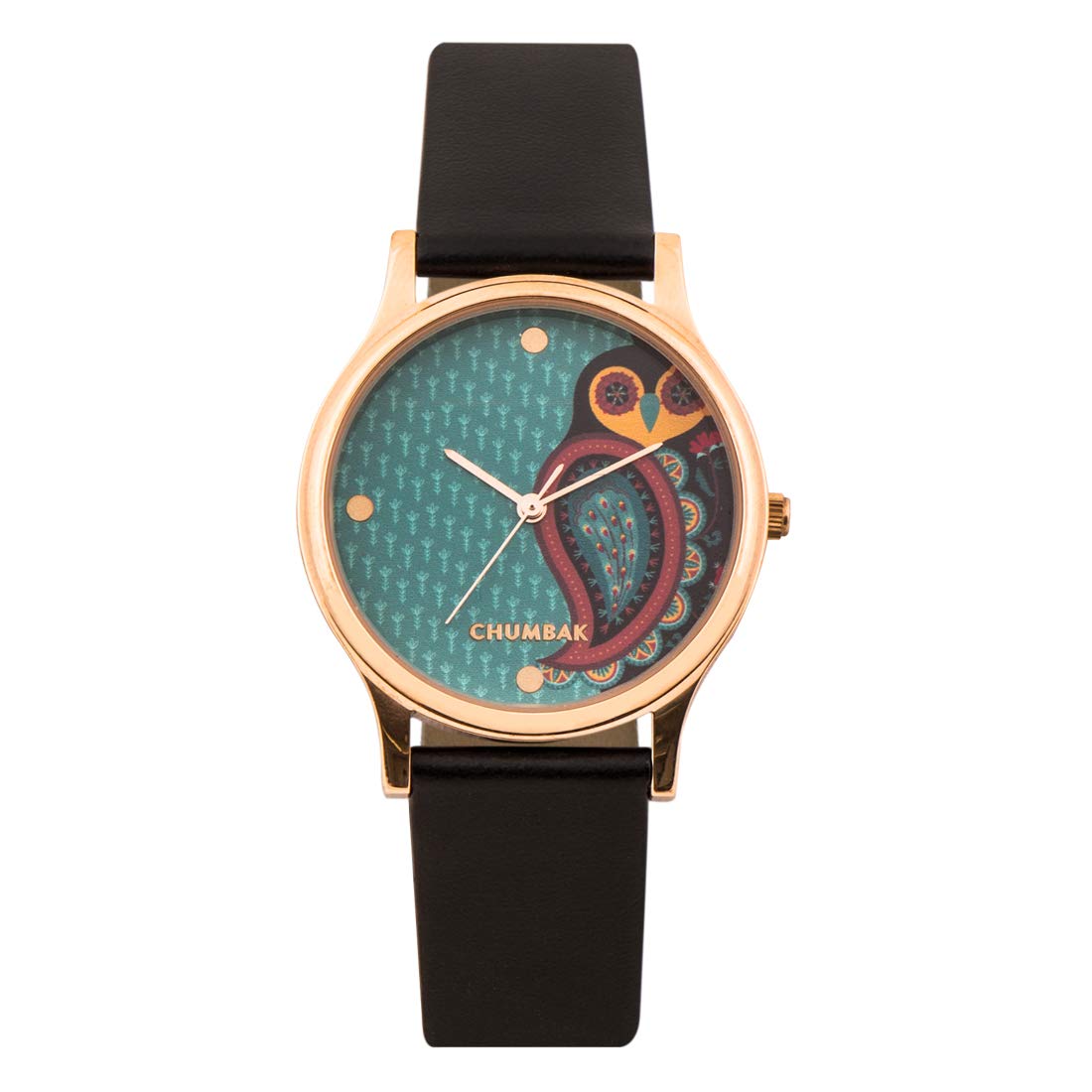 TEAL BY CHUMBAK Round Dial Analog Watch for Women,Folksy Owl Collection, Solid Vegan Leather Strap,Gifts for Women/Girls/Ladies,Stylish Fashion Watch for Casual/Work - Black
