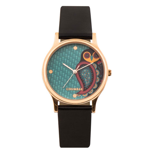 TEAL BY CHUMBAK Round Dial Analog Watch for Women,Folksy Owl Collection, Solid Vegan Leather Strap,Gifts for Women/Girls/Ladies,Stylish Fashion Watch for Casual/Work - Black