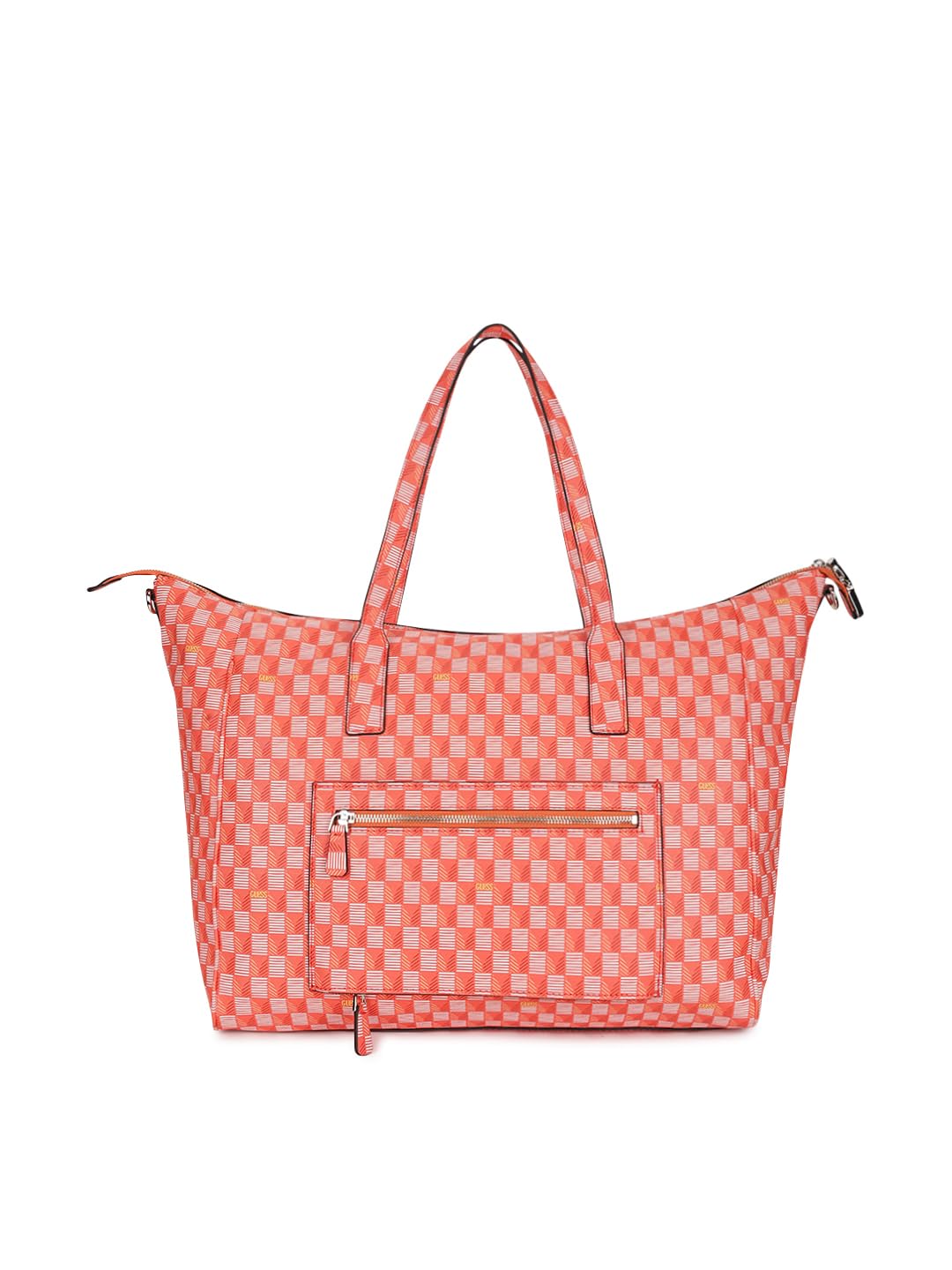GUESS Orange Logo Checkered Carryon Large Tote Bag With Detachable Coin Pouch