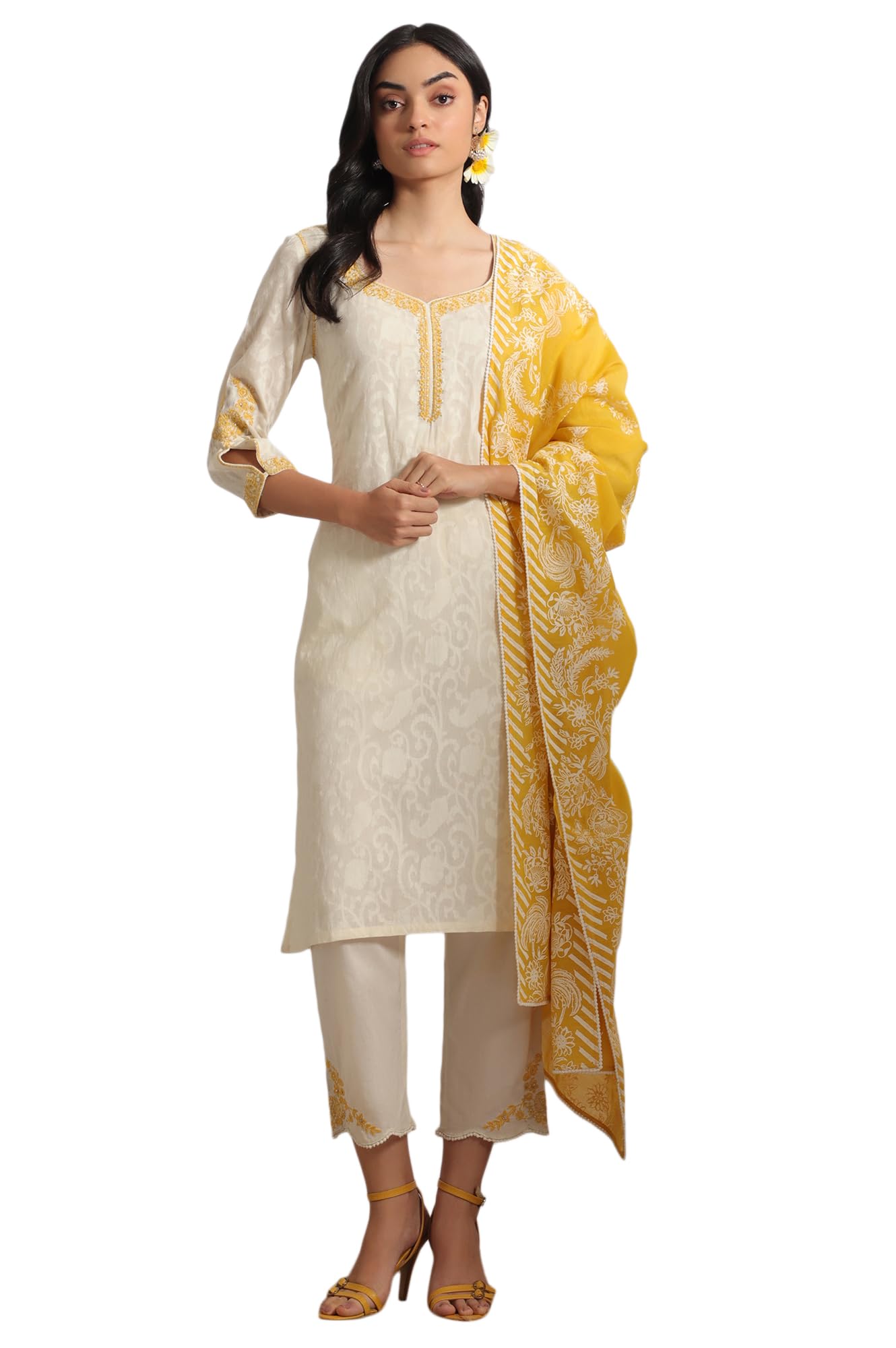 W for Woman White Embroidered Jacquard Straight Kurta, Pants and Dupatta Set (Size: XS)-WS12365-223273
