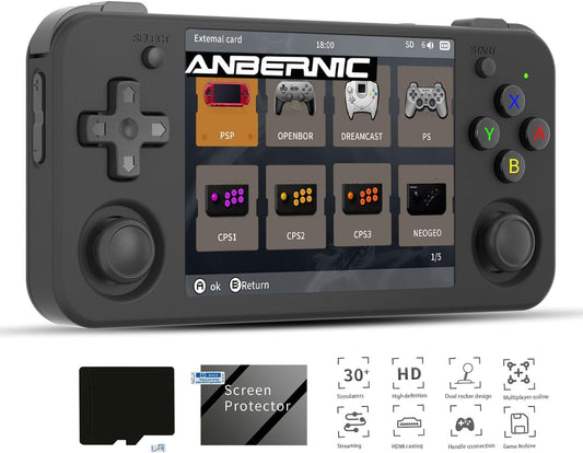 New World Anberni-c RG35XX H Retro Handheld Game Console 3.5 in IPS Screen Built-in 3300mAH Battery 64G TF Card Preinstalled 5528 Classic Games (Black)