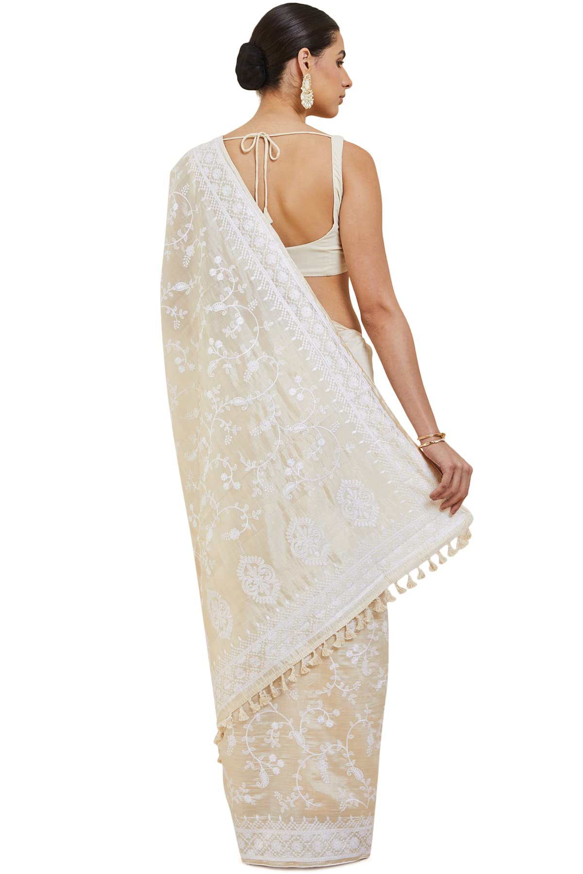 Soch Women Off-White Tussar Floral Saree With Attached Blouse