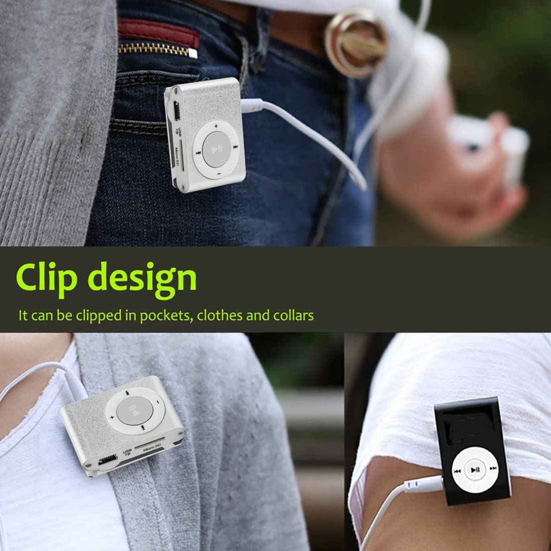 TRIDEO Mini MP3 Player, Portable Digital Music Media Player, with Back Clip|Player with Earphone and USB Cable| Support Memory Card (Silver)_SA10