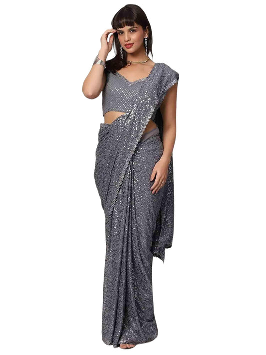 Zeel Clothing Women's Grey Sequins Work Heavy Georgette Saree with Blouse (1007-Slate-Grey-Sequins-Party-Saree-New, Slate Grey)