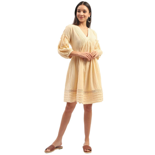 Madame Puff Sleeve Fit and Flare Cotton Beige Midi Dress