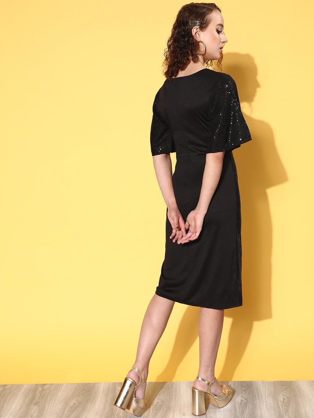 Black Sequin Wrap Front Midi Dress