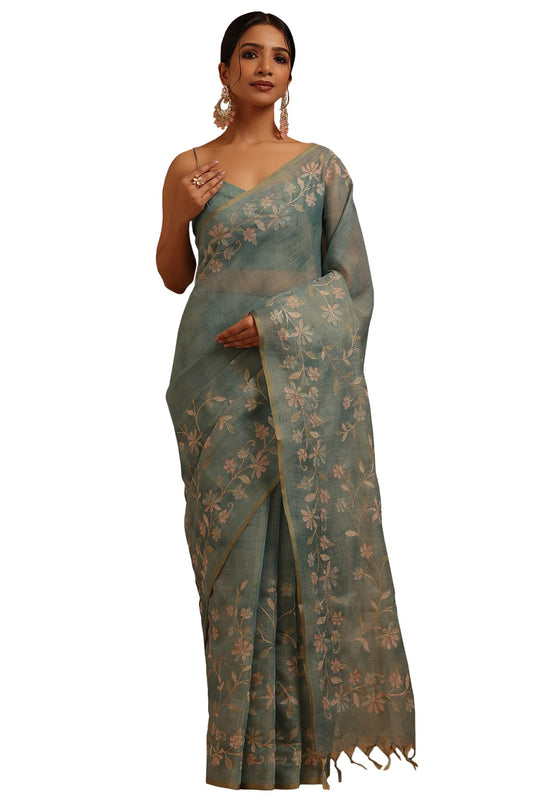 Soch Womens Light Teal Linen Floral Printed Saree With Zari