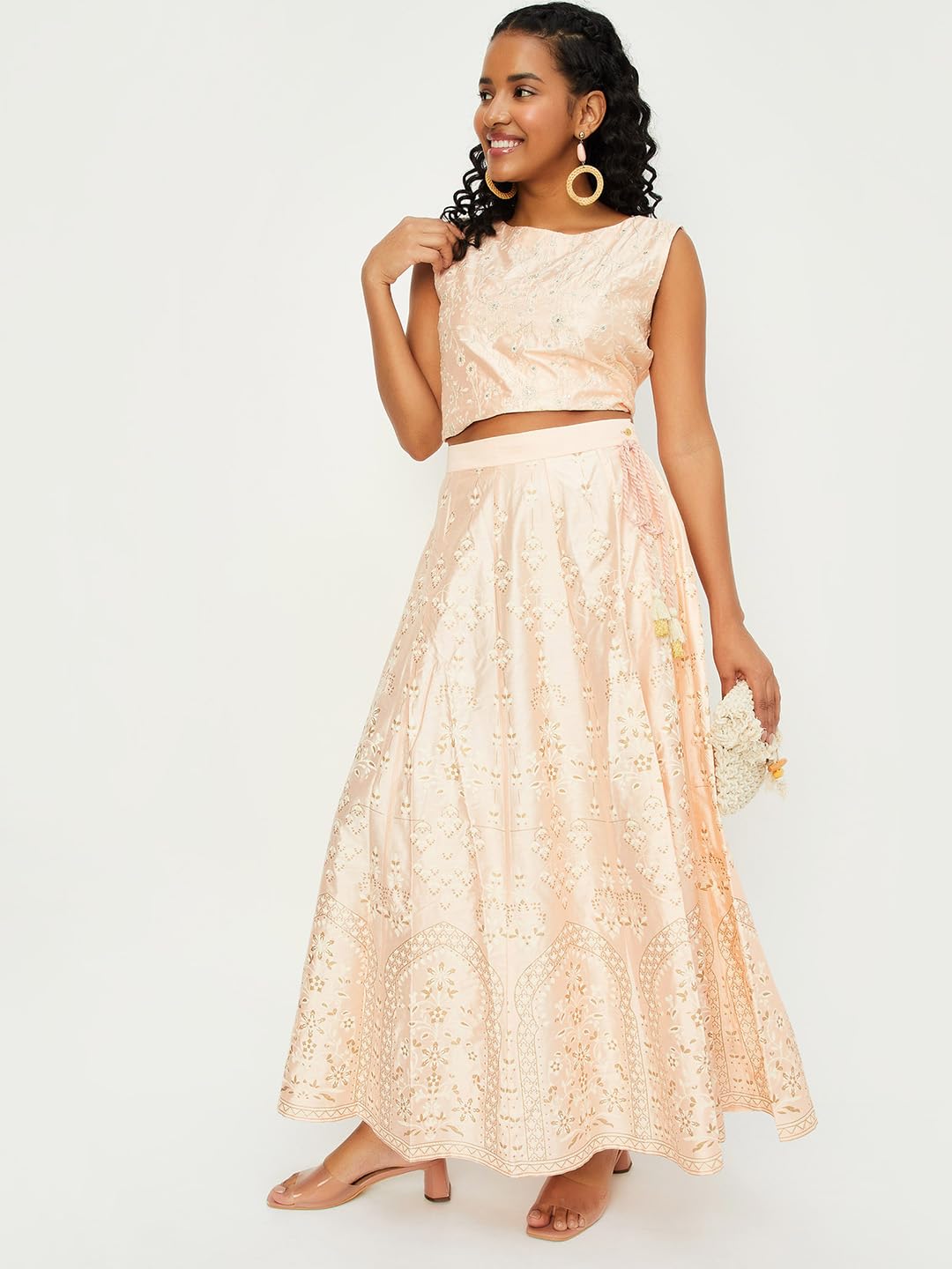 Max Women Floral Printed Flared Skirt (SKT41011PEACH)_XL