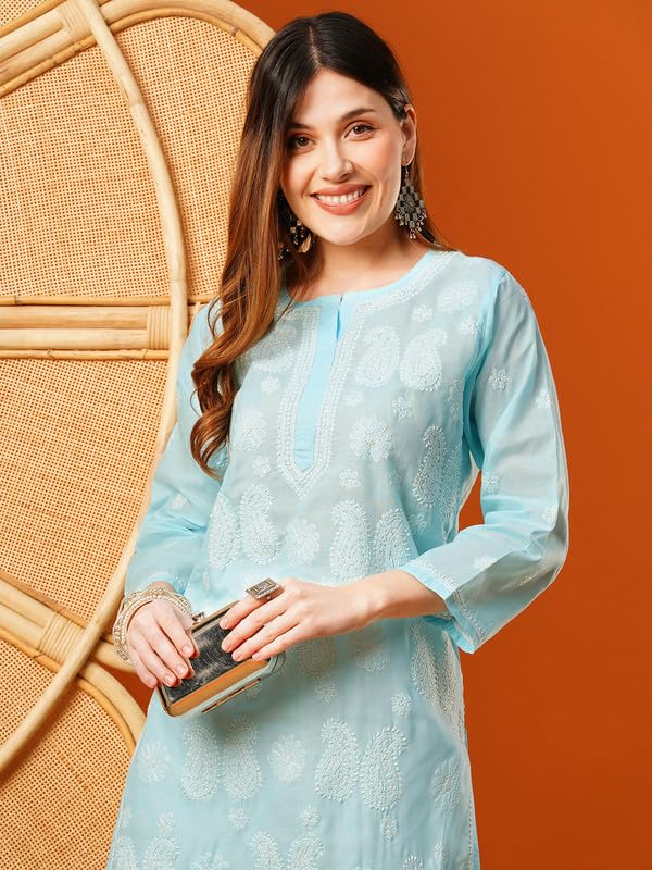 Ada Hand Embroidered Lucknowi Chikankari Cotton Kurti Kurta for Women A411616 Blue (5XL)