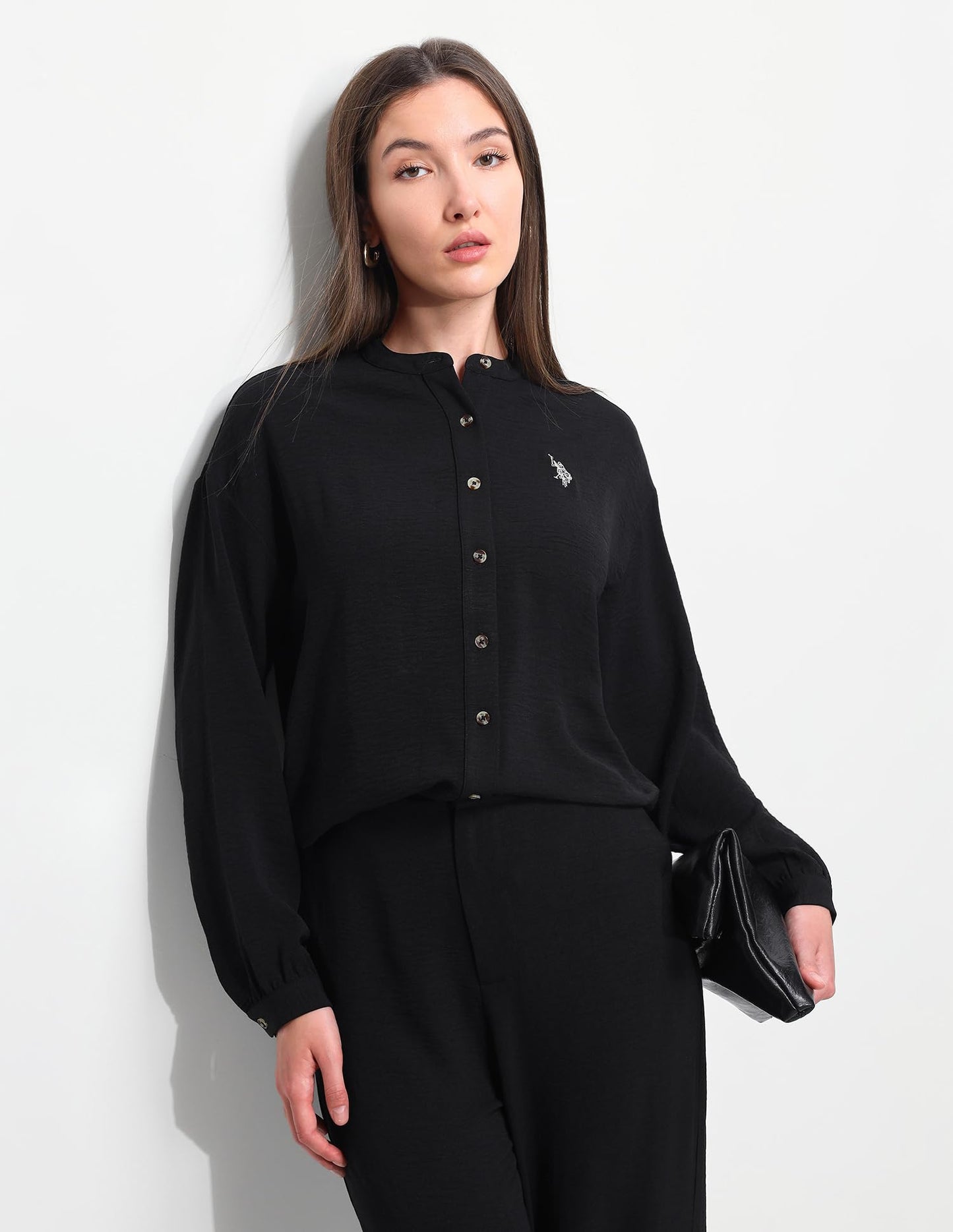 U.S. Polo Assn. Women Women's Solid Relaxed Fit Mandarin Shirt (UWSS26SHT334_Black_S)