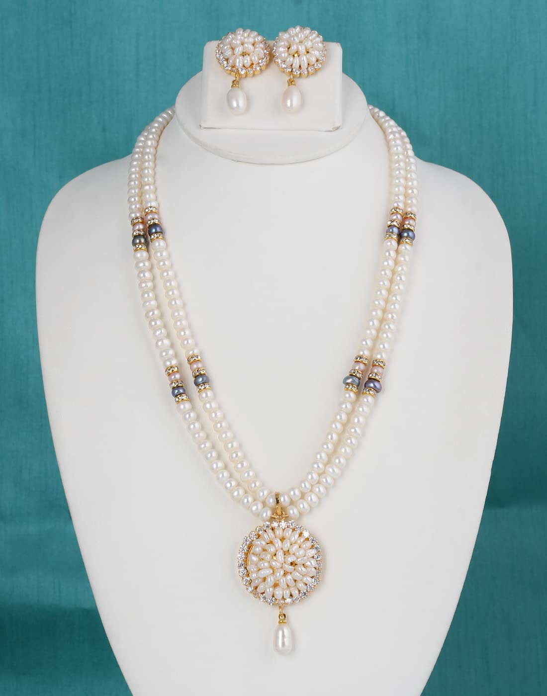 HYDERABAD JEWELS Natural Fresh Water Double Sting Pearls Set for Women