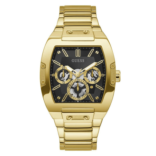 GUESS Stainless Steel Phoenix Collection Analog Black Dial Men Watch-Gw0456G1, Gold Band