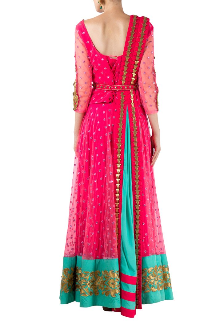 mapxencaRS Fuschia pink net choli & skirt set with textured duppatta & embroidered belt