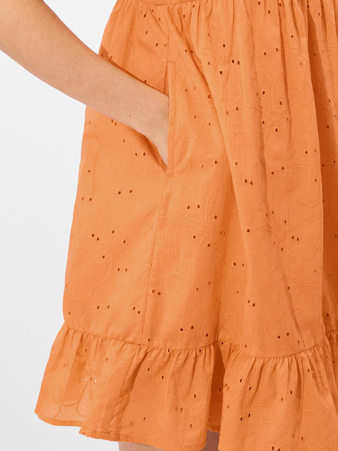 The Souled Store Cutwork Dress: Orange Women and Girls Long Sleeves V Neck Oversized Dresses