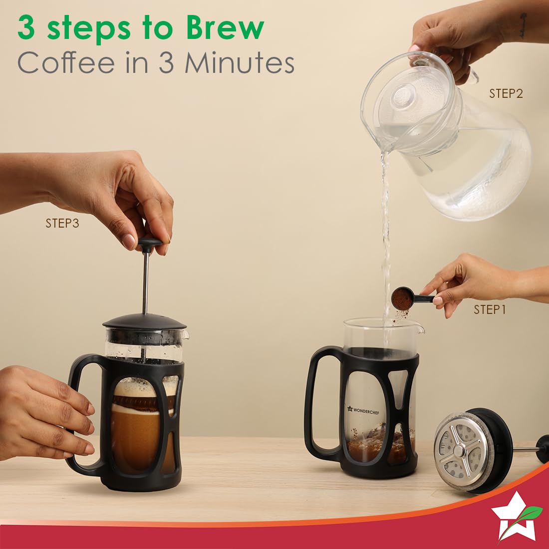 Wonderchef French Press Coffee Maker & Milk Frother Gift Combo | Brew in 3 Mins | Heat Resistant Borosilicate Glass Carafe | Battery-Operated Frother for Coffee, Hot Chocolate, etc.