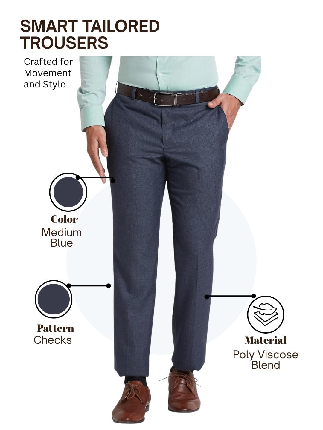 Park Avenue Men's Smart Fit Formal Trousers, Poly-Viscose Blend Check Pattern, Mid Rise, Performance Executive Wear | Medium Blue
