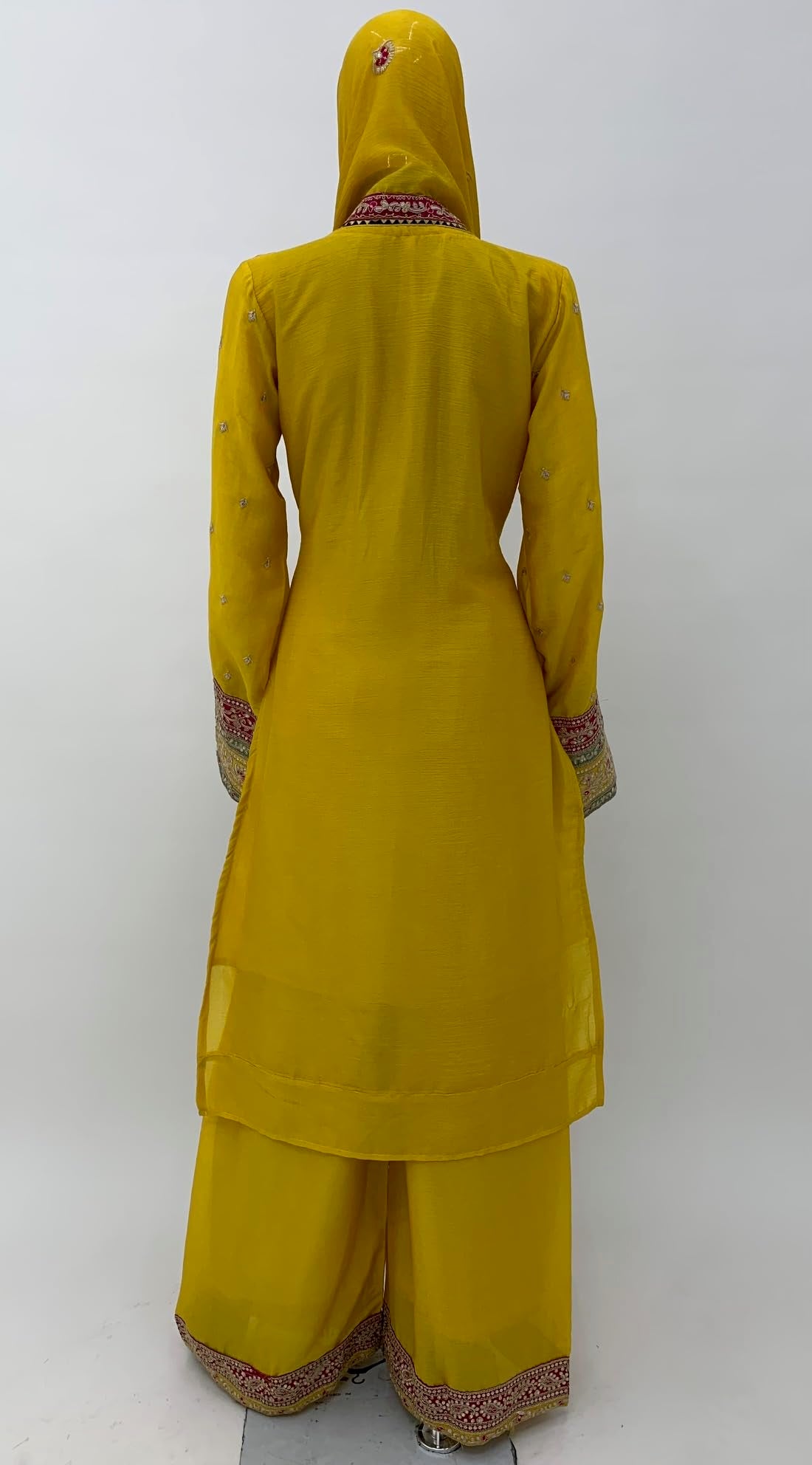 Miss Ethnik Women Chinon Stitched Top with Bottom and Chinon Dupatta Full Sleeve Embroidered Straight Kurta Set(ME-1140-Yellow-4XL)