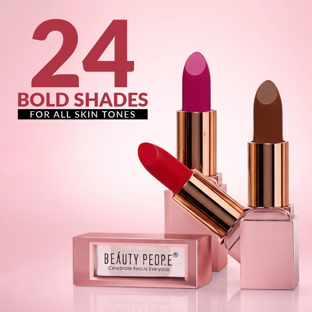 Beauty People Glorified Matte Lipstick, Metallic Lip Colour, Moisturises & Hydrates Lips, 8 Hour Colour Stay, Longlasting, Waterproof, With Jojoba Oil & Vitamin E, Shade Easy Berry, 3.8gm