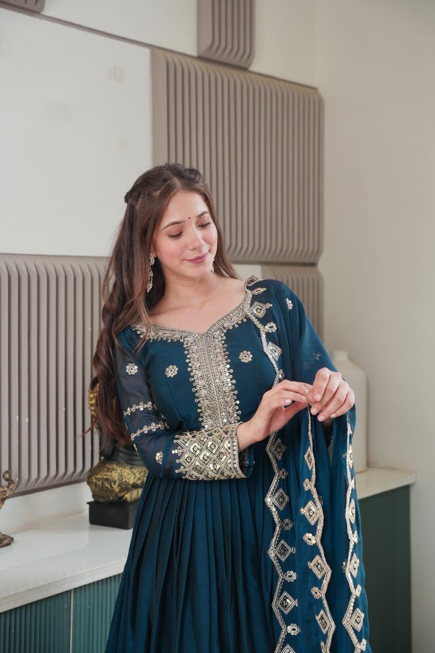 Women's Solid Embroidery Work Crush Silk Gown with Dupatta Long Sleeves and Round Neck Most Beautiful Havy Gown for Party | Wedding | Diwali |Any Occasion (in, Alpha, M, Regular, Women, Rama)