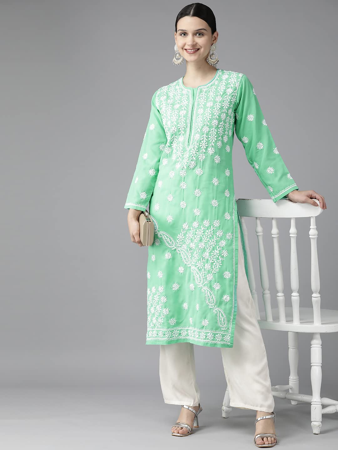 Ada Hand Embroidered Lucknowi Chikan Sea Green Cotton Kurta Kurti Tunic for Women A411418 (L)