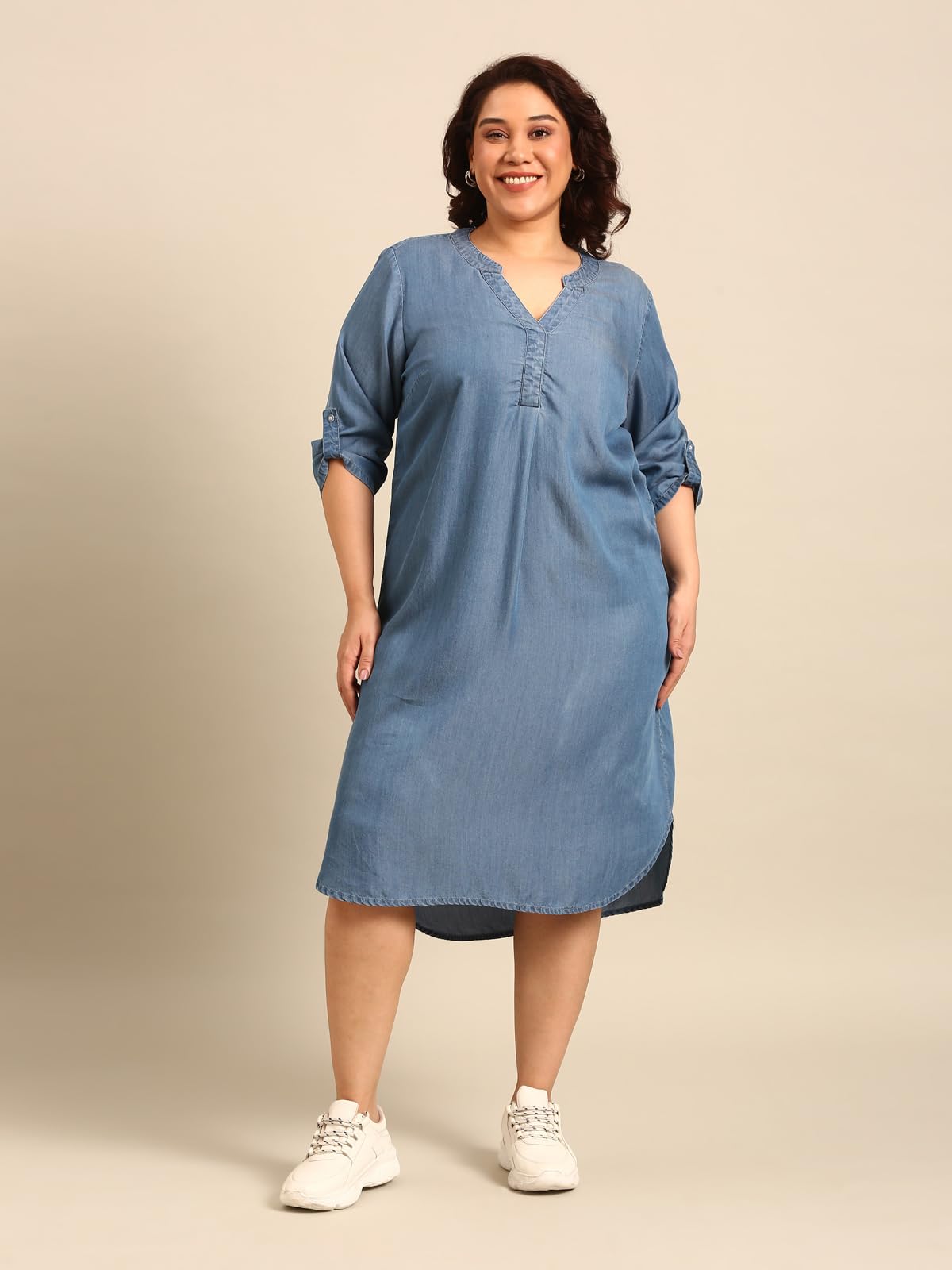 The Pink Moon Women's Midi A-Line Plus Size Denim Dress - (DRS_NIM18_Tencel_Blue_3XL)