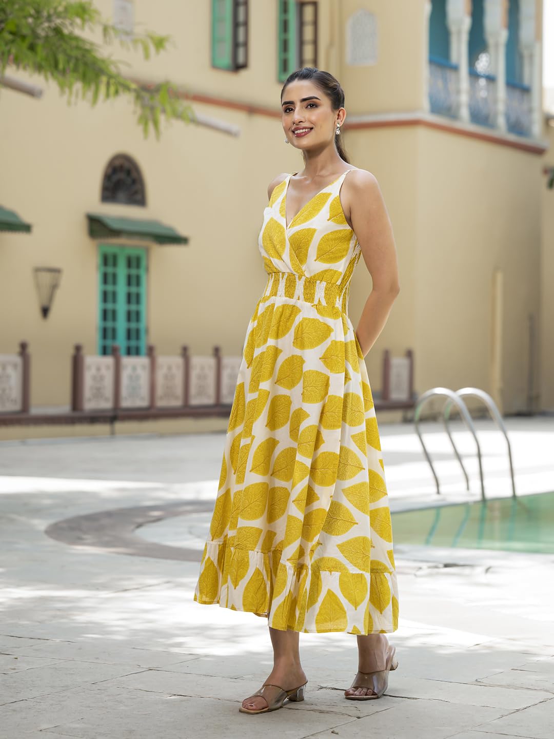Divena Yellow Printed Pure Cotton Fit & Flare Dress