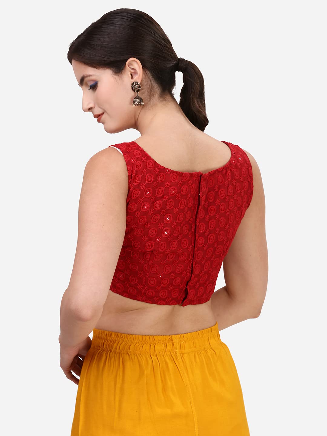 OOMPH! Women's Indian Ethnic Wear Designer Leaf Pattern V Neck Sleeveless Cotton Red Blouse for Saree or Lehnga and BlousePalazzos or Skirts for a Fusion Twist.