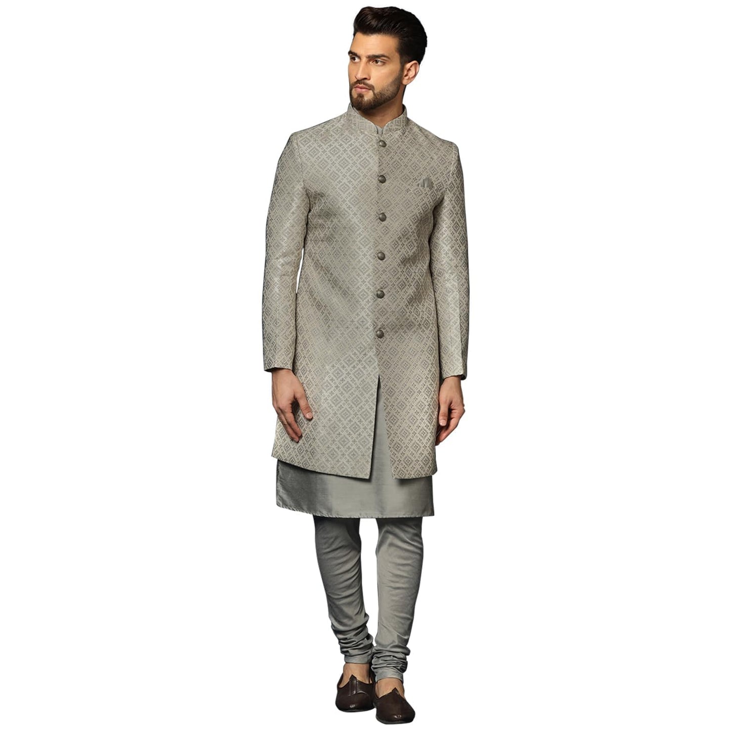 KISAH Men's Grey Indo-Western Kurta Sherwani Churidar Set (Set of 3), Cotton Full Sleaves, Knee Length, Straight, Regular Fit, Mandarin Collar Ethnicwear