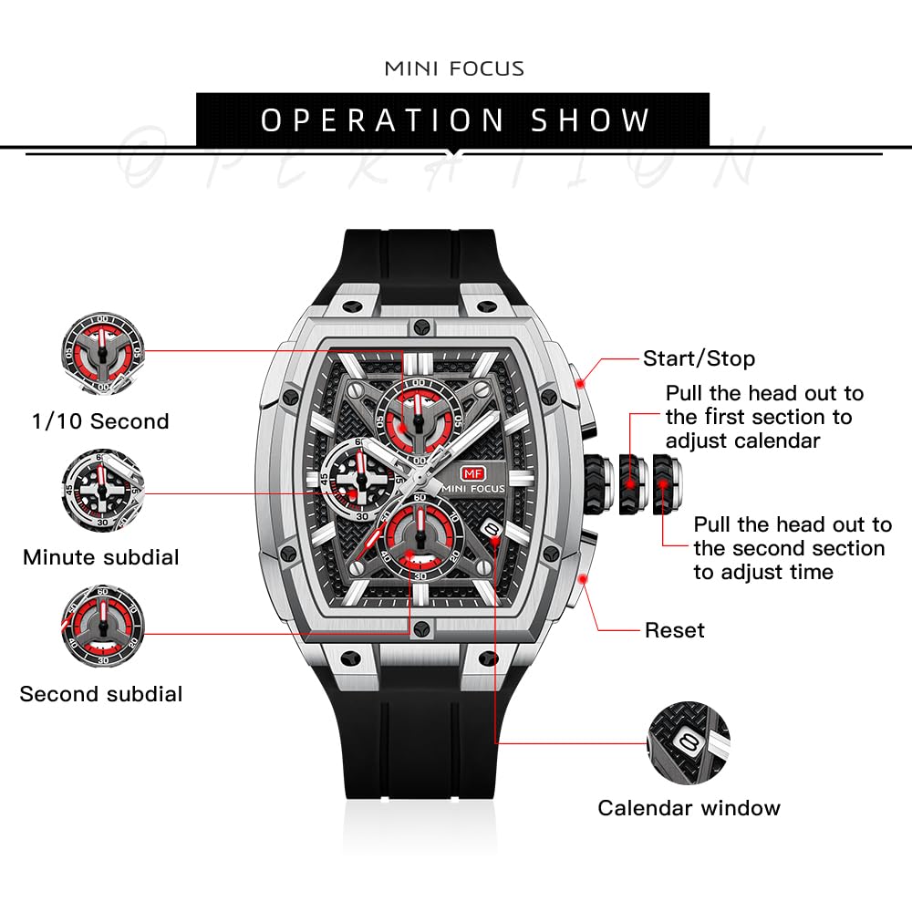 MF MINI FOCUS Men's Watch Analog Waterproof Fashion Date Wrist Watch, Skeleton Tonneau Watch for Men with Chronograph,Ideal for Sports Enthusiasts and Daily Wear - Perfect Gifts for Men, Silver