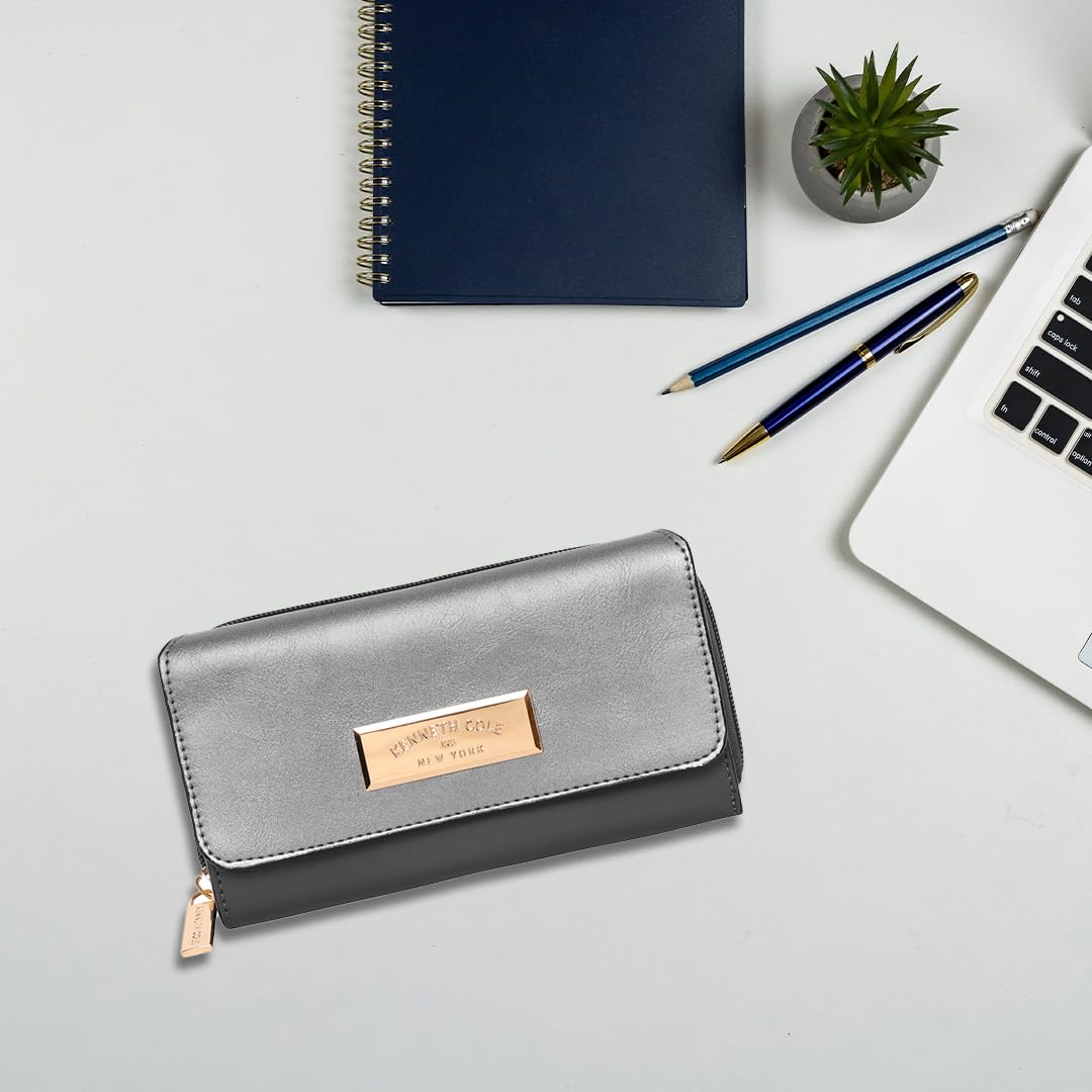 KENNETH COLE Ladies Front Flap Wallet | Women's Tri-fold Clutch Organizer with a Wide 3-Quarter Opening Zip-Around Compartment | Premium PU Leather | Sturdy, Stylish & Secure, GUN METAL